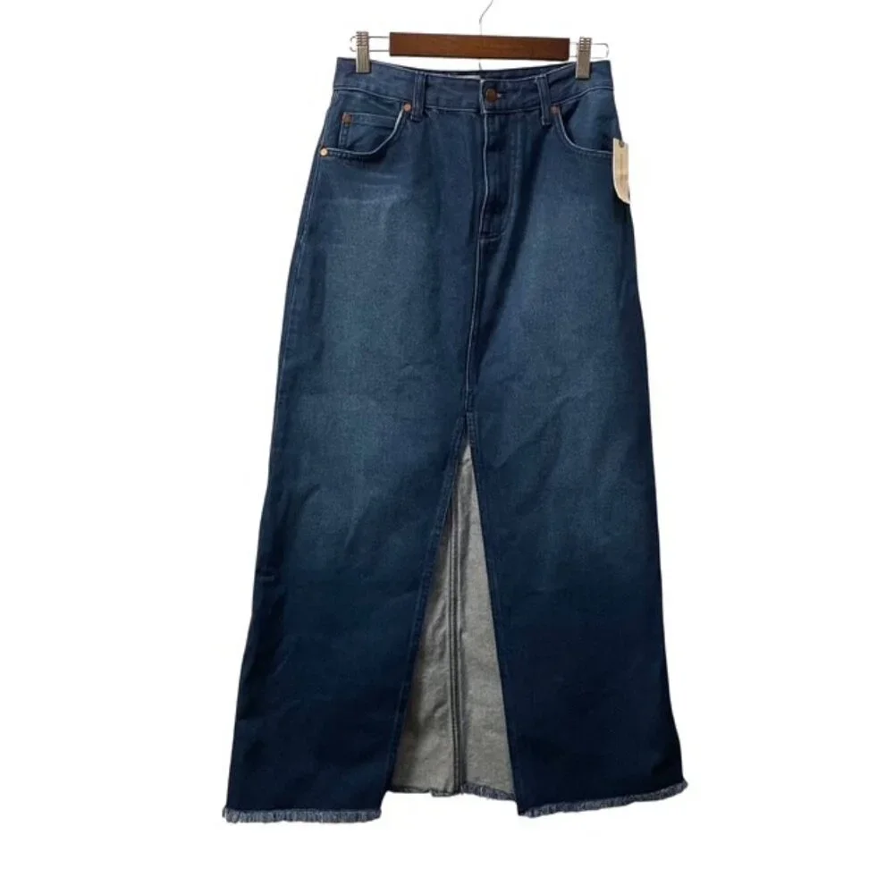 NWT Anthropologie Pilcro Madi Front Slit Denim Maxi Skirt Raw Hem Size 4